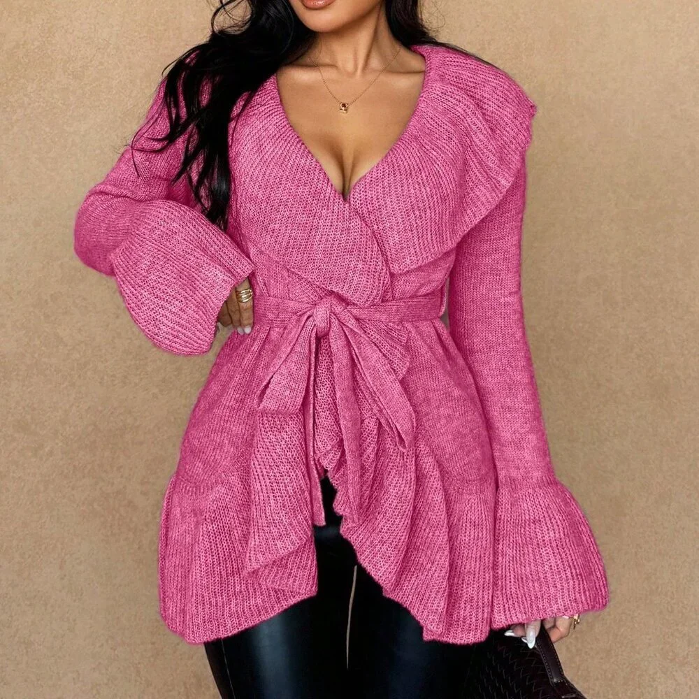 Pink Casual Women's Tie-Front Cardigan - Picture 3 of 5